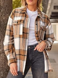 Plaid Tan and White Women's Shacket {S}