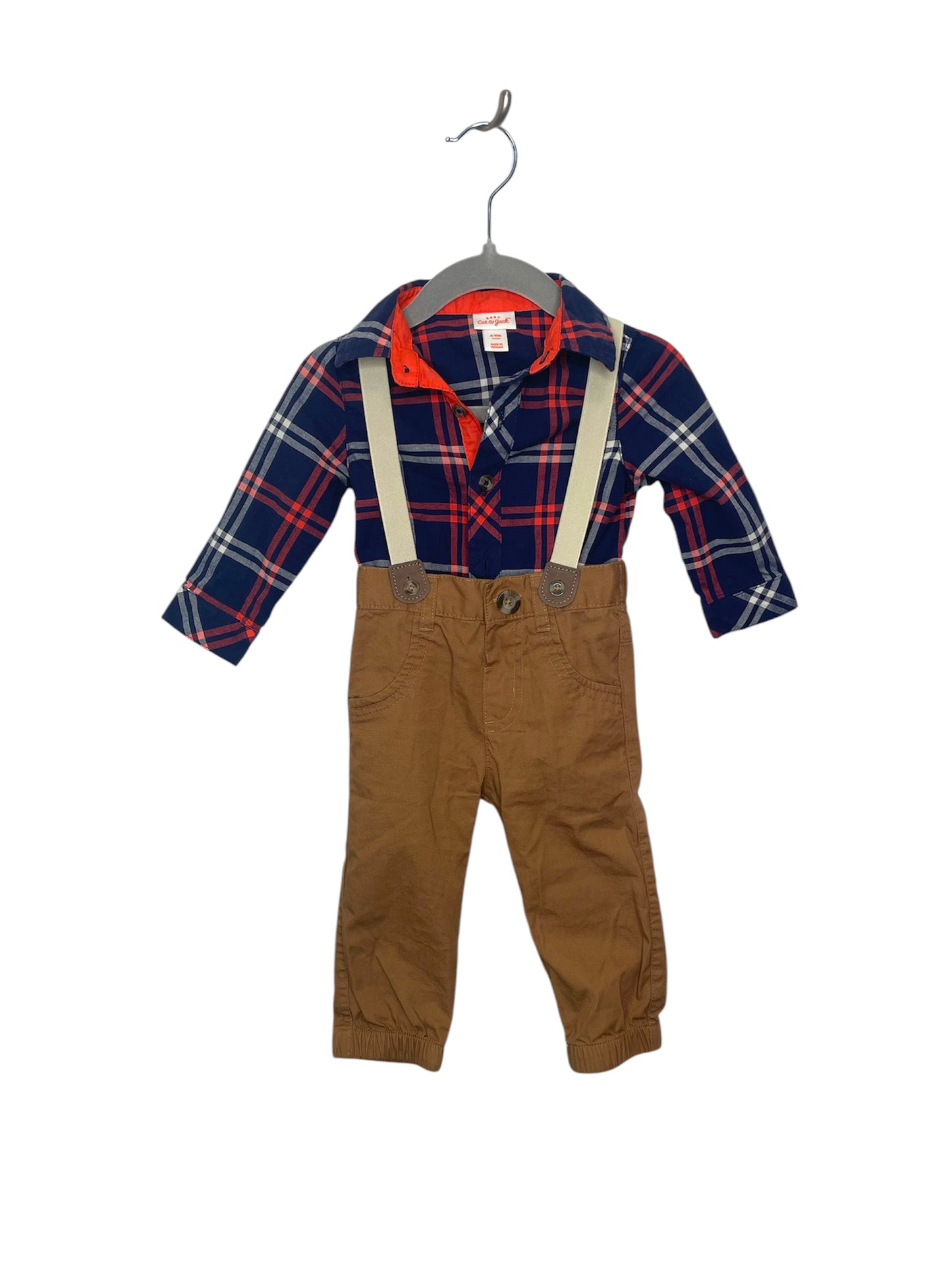 Cat & Jack Plaid Shirt with Suspenders Outfit (6-9mo)