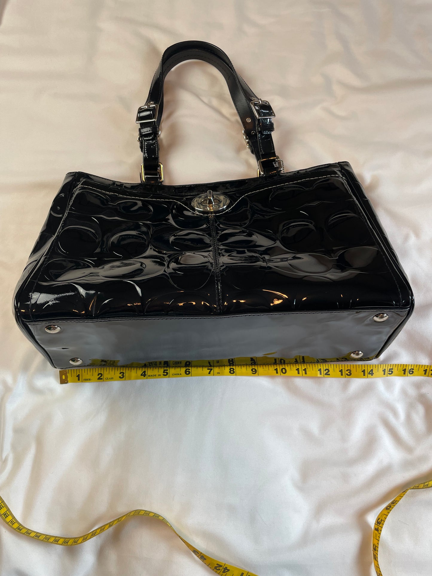 Coach Signature Embossed Black Patent Leather Tote