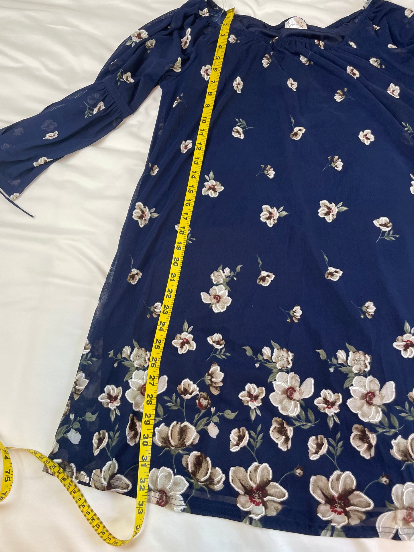 NWT Floral Navy Blue Off Shoulder Dress with Bell Sleeves {L}