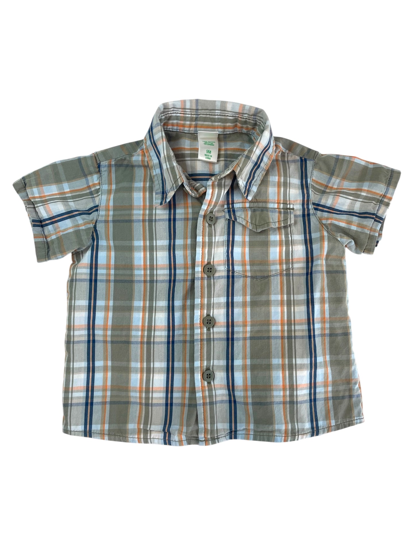 Green Plaid Short Sleeve Button-Up {Size 9mo}