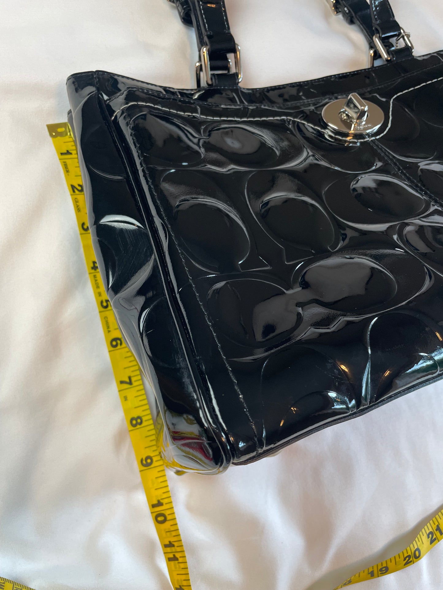 Coach Signature Embossed Black Patent Leather Tote