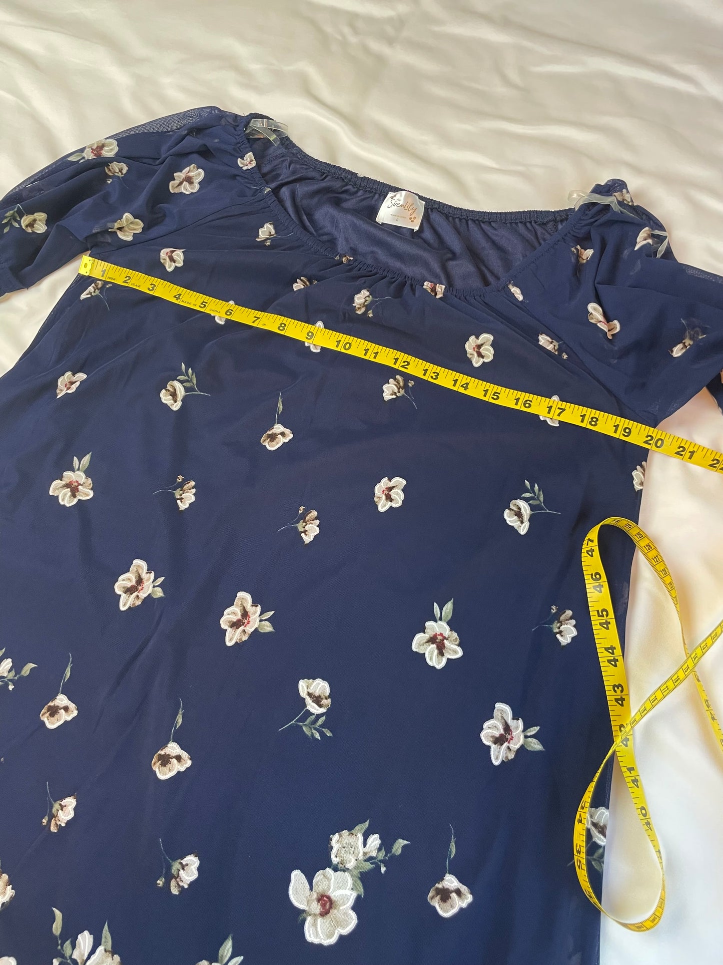 NWT Floral Navy Blue Off Shoulder Dress with Bell Sleeves {L}
