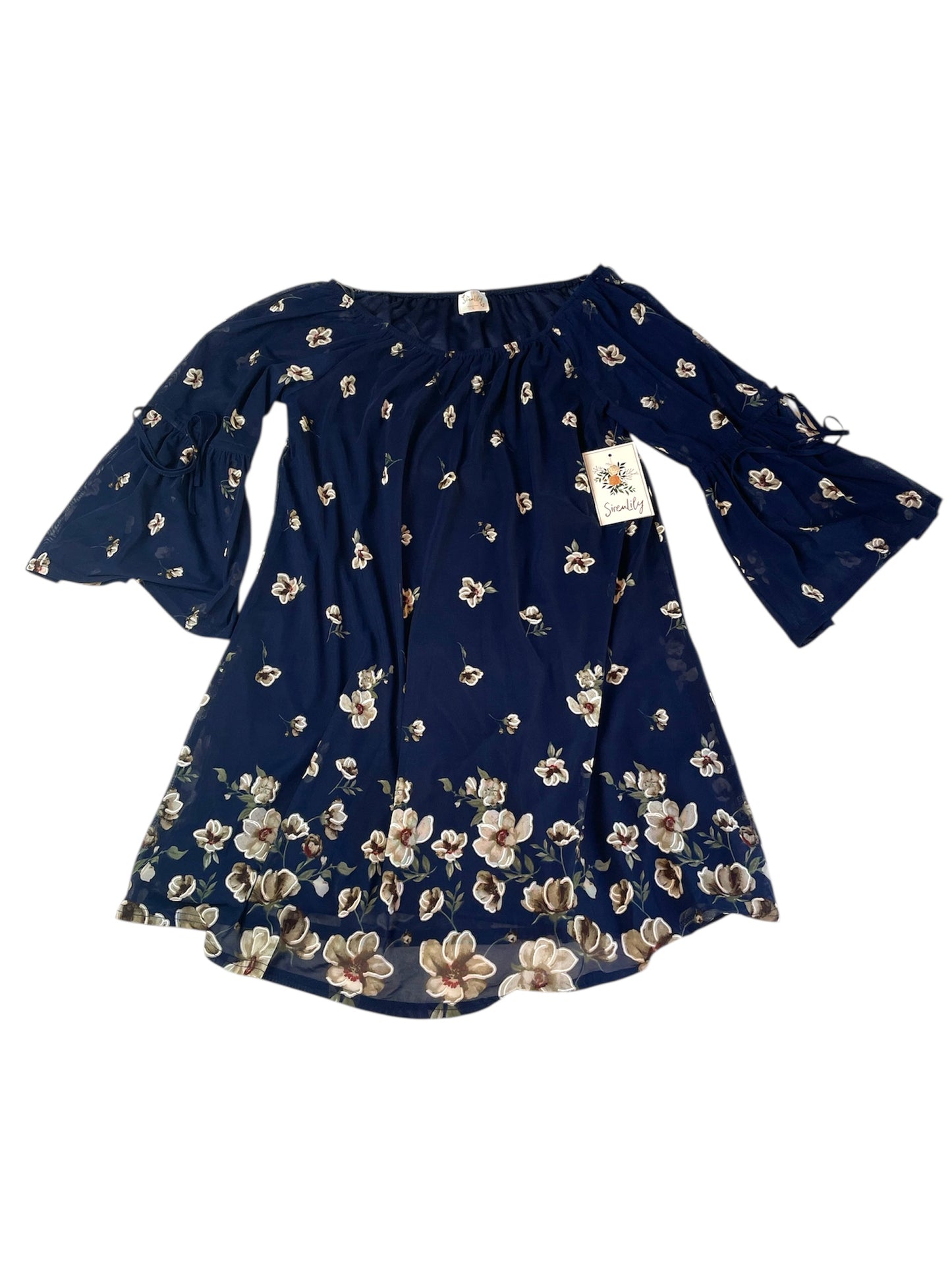 NWT Floral Navy Blue Off Shoulder Dress with Bell Sleeves {L}