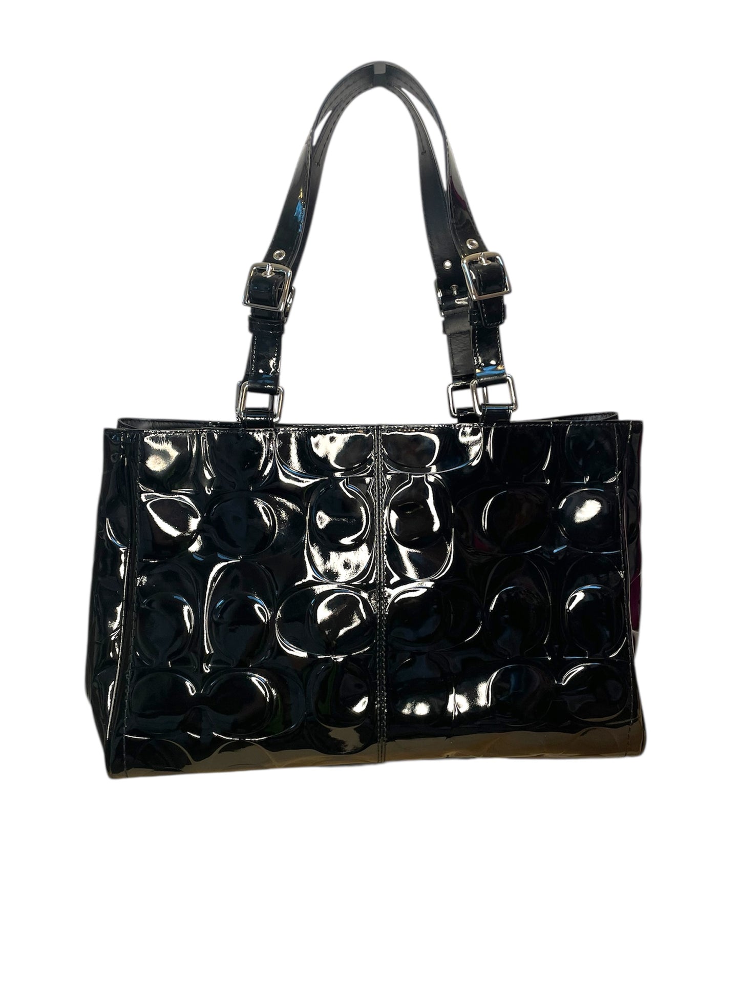 Coach Signature Embossed Black Patent Leather Tote