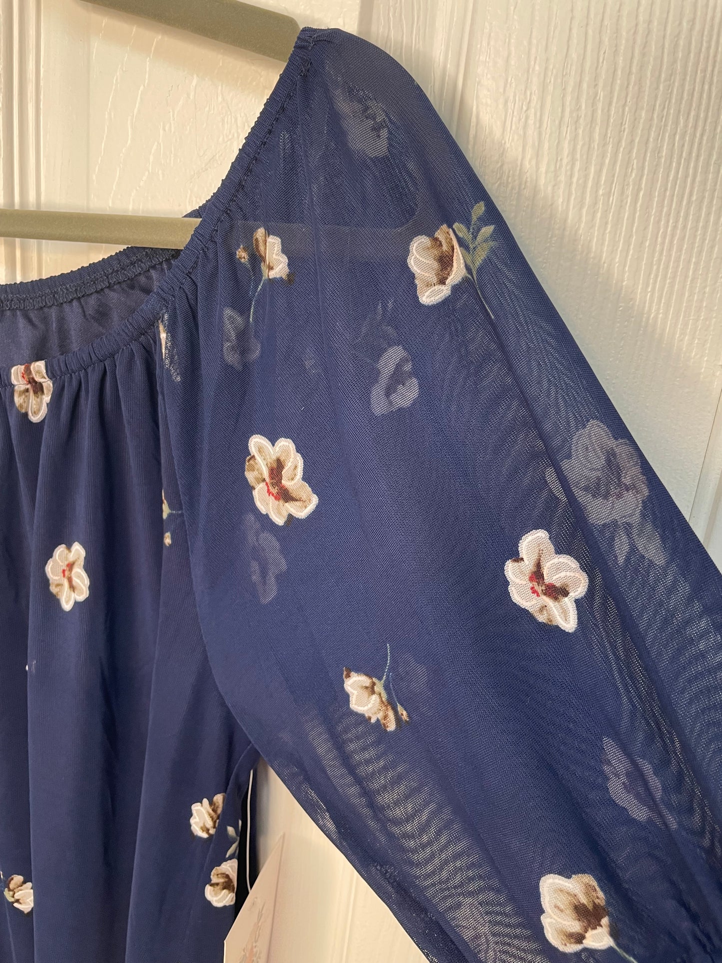 NWT Floral Navy Blue Off Shoulder Dress with Bell Sleeves {L}