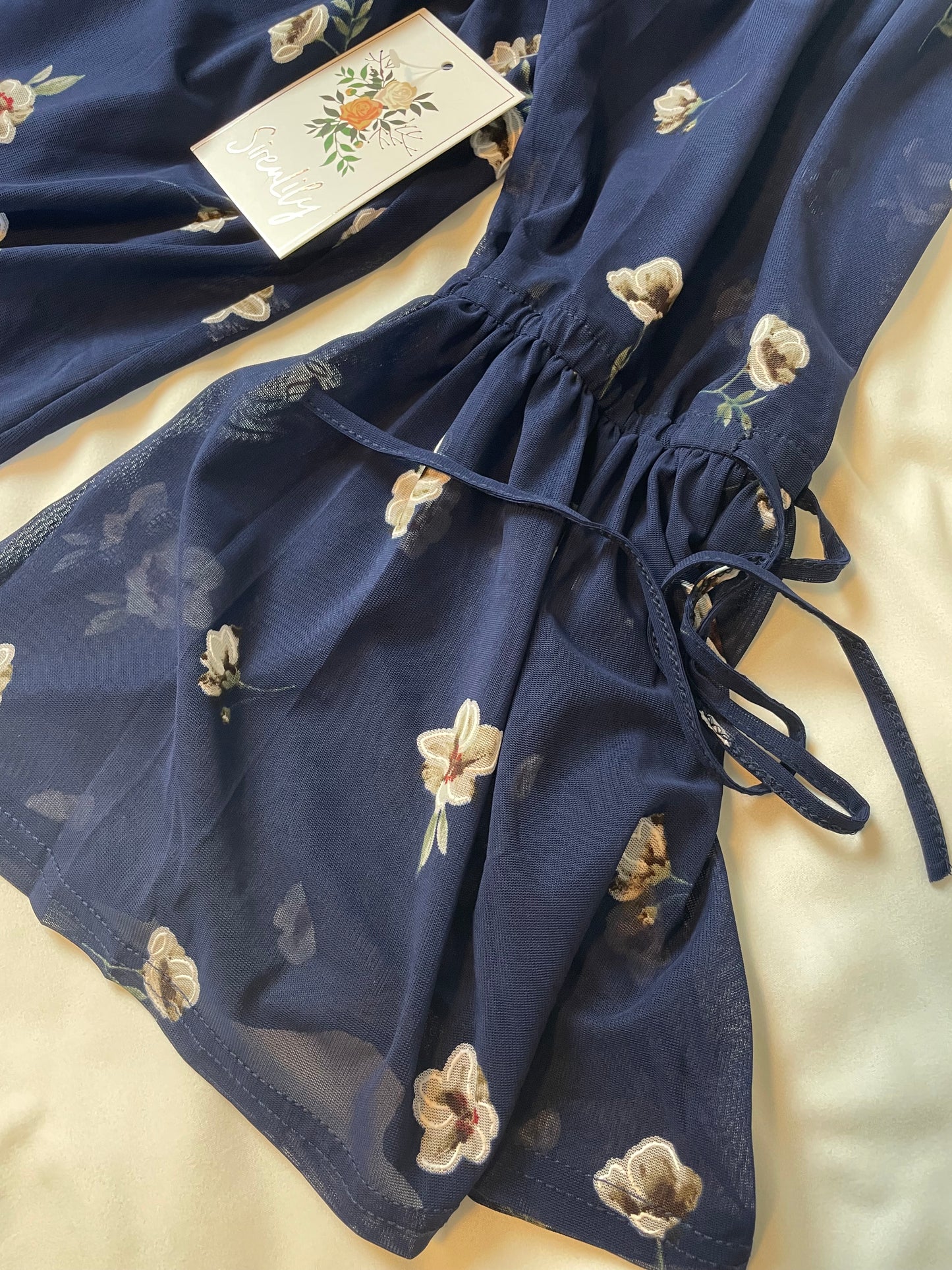 NWT Floral Navy Blue Off Shoulder Dress with Bell Sleeves {L}