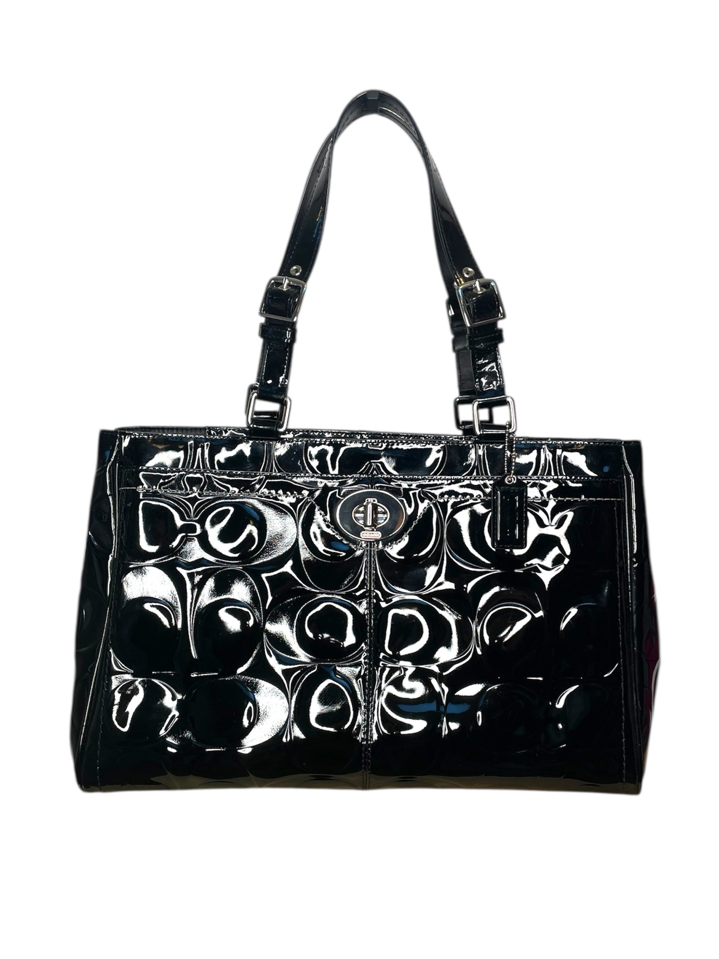Coach Signature Embossed Black Patent Leather Tote