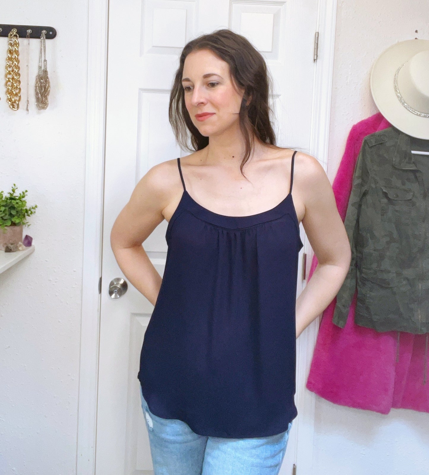 LOFT Navy Embroidered Woven Tank {M}