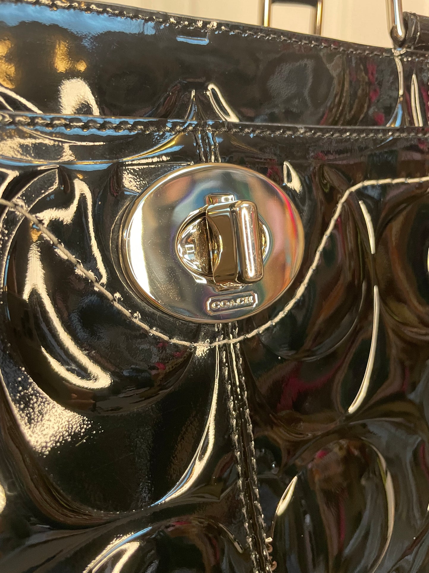 Coach Signature Embossed Black Patent Leather Tote